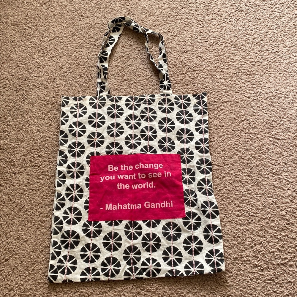 Block printed and embroidered tote
